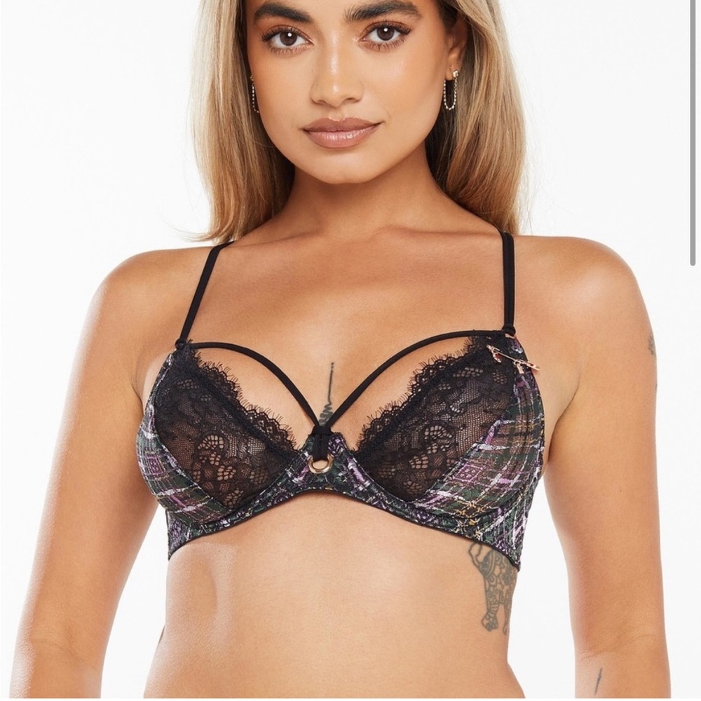 Savage x Fenty A Little Tart Unlined Bra Black w/Purple, Gold, Green Plaid‎ 32B